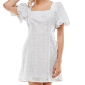 Crystal Doll White Eyelet Mini Dress with Puff Sleeves